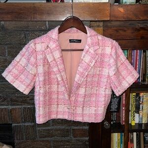 Short sleeve pink and gold tweed cropped blazer